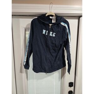 Nike Mens Full Zip Hoodie Navy Blue Light Blue Stripe Spellout Sweatshirt XLT